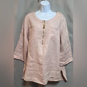 Ellen Tracy 100% Linen‎ Blouse Women's Sz L Pullover Peach Pink Roll Tab Sleeve